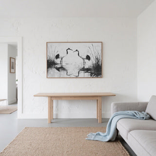 Grayscale ink brush scene with birds and shallow water, minimalist bird print.
