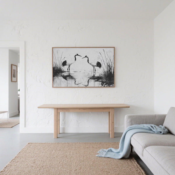 Grayscale ink brush scene with birds and shallow water, minimalist bird print.