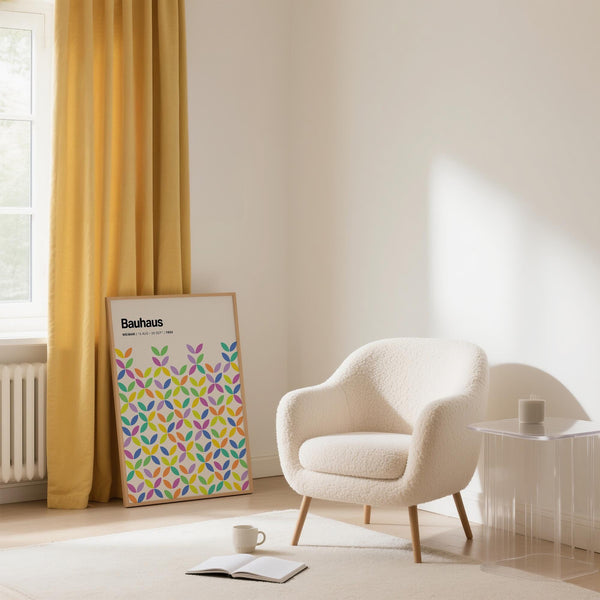 Colorful Bauhaus poster with repeating flower-like designs in a vertical grid arrangement.