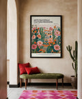 Vintage-style Folk Art Mexico poster in a lush desert garden setting.