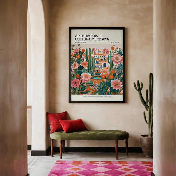 Vintage-style Folk Art Mexico poster in a lush desert garden setting.