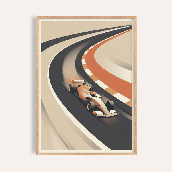 Featuring a stylized open-wheel race car on a curved track, Vintage Motorsport Poster wall art print
