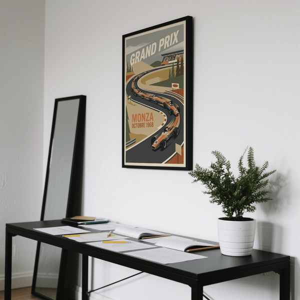 Motorsport wall art print showing a lead open-wheel car in the foreground on a curved circuit