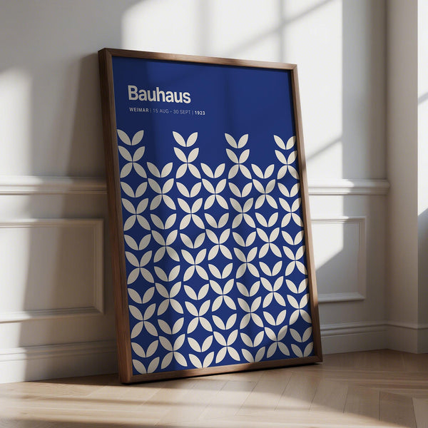 Blue modern wall art poster featuring a cream petal motif on a deep navy background.