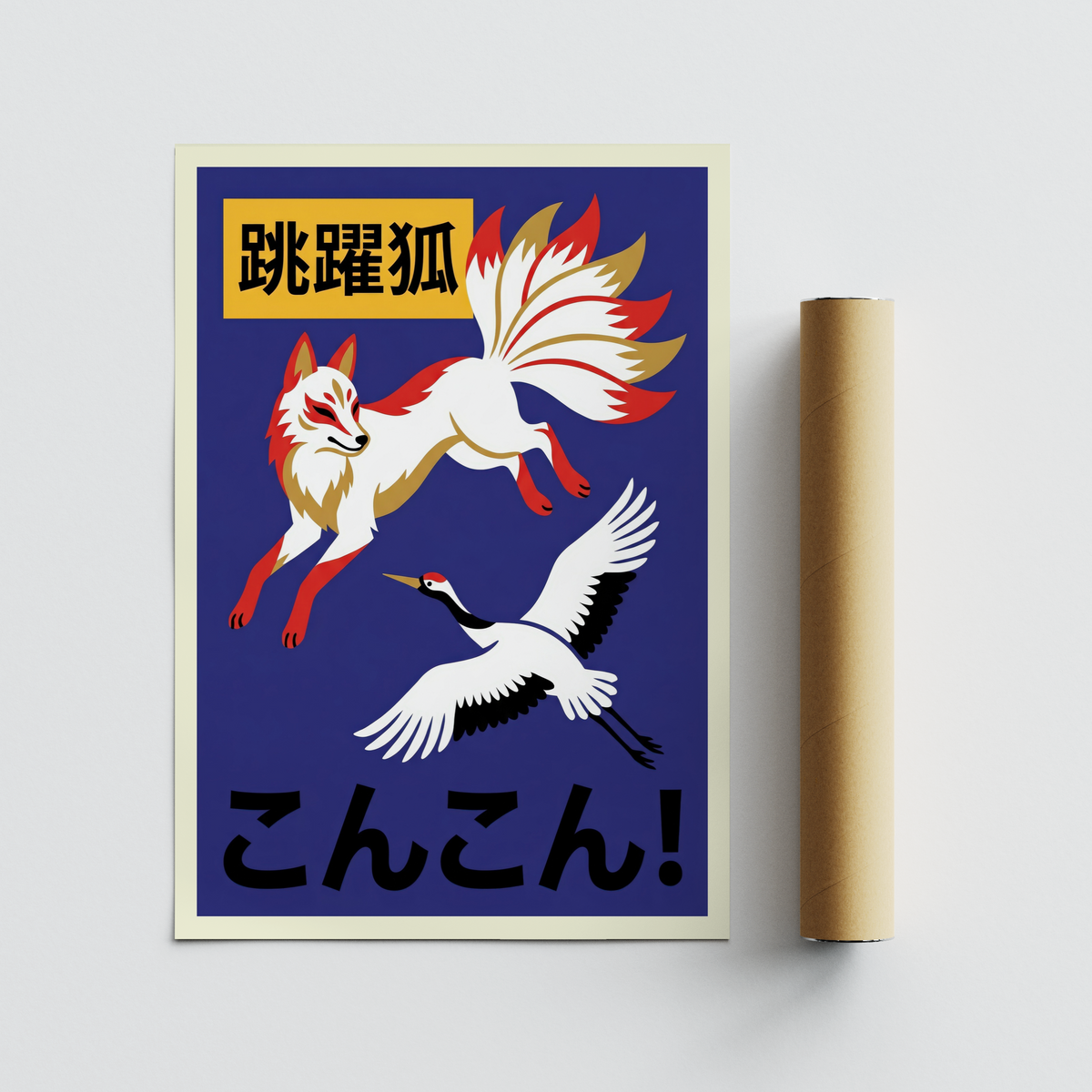 Bold Japanese text poster print with fox and crane arranged diagonally across the page