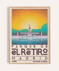 Framed preview of Madrid Landscape Poster travel wall art with Parque de el Retiro monument and reflection