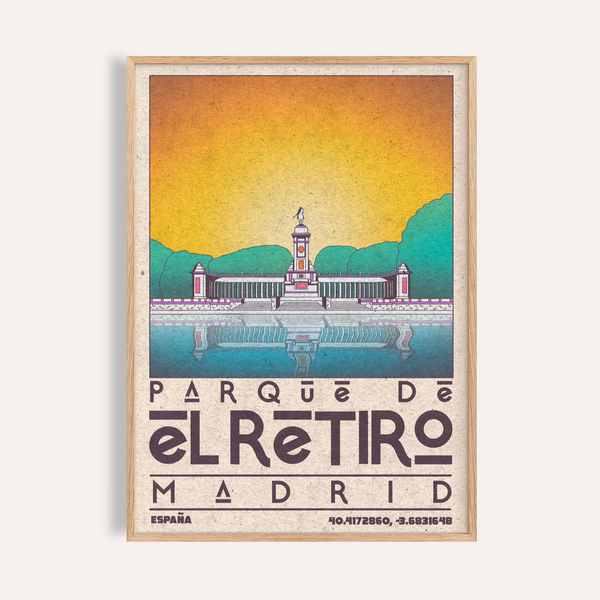 Framed preview of Madrid Landscape Poster travel wall art with Parque de el Retiro monument and reflection
