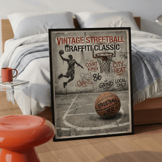 Sport-themed wall print with layered street art phrases and central basketball graphic