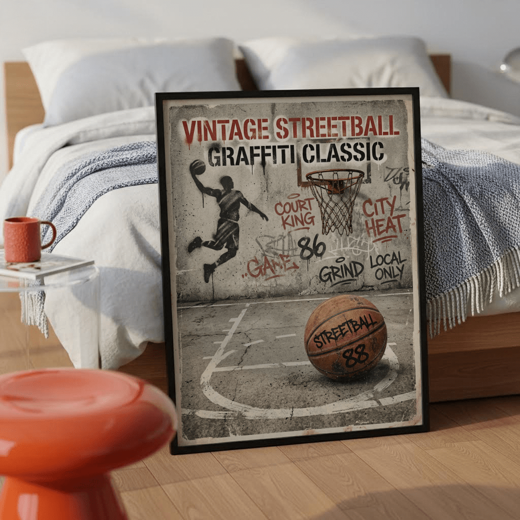 Sport-themed wall print with layered street art phrases and central basketball graphic
