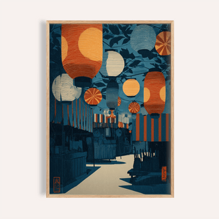 Lantern-lit street poster with hanging paper lanterns and striped awnings