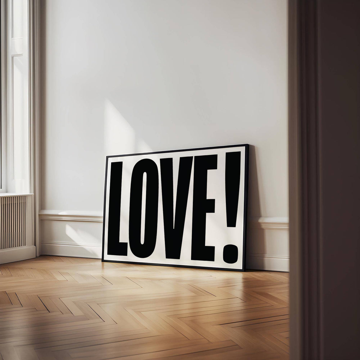 Minimalist LOVE print used as striking large motivational posters decor