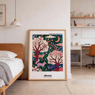 Patterned fox-like animals wall art print beneath blooming trees and drifting petals