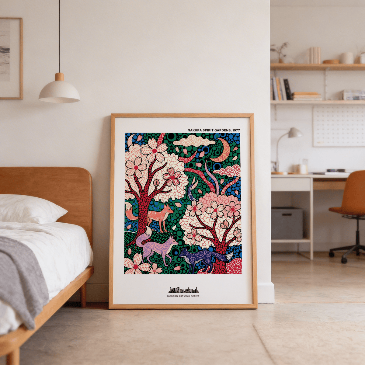 Patterned fox-like animals wall art print beneath blooming trees and drifting petals