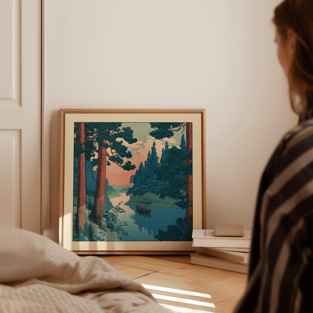 River landscape wall art print showing narrow channel and shoreline trees