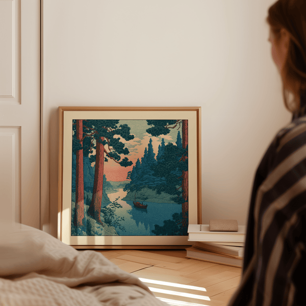 River landscape wall art print showing narrow channel and shoreline trees