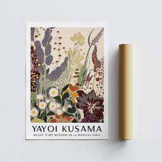 Nature-inspired abstract floral print with Kusama-style dotted accents.