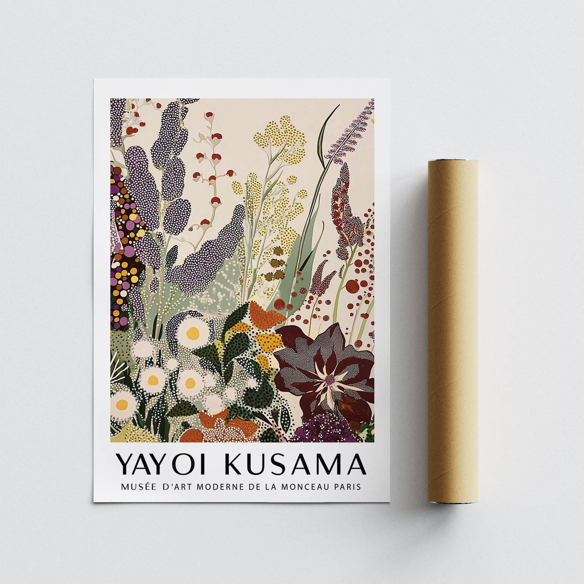 Nature-inspired abstract floral print with Kusama-style dotted accents.