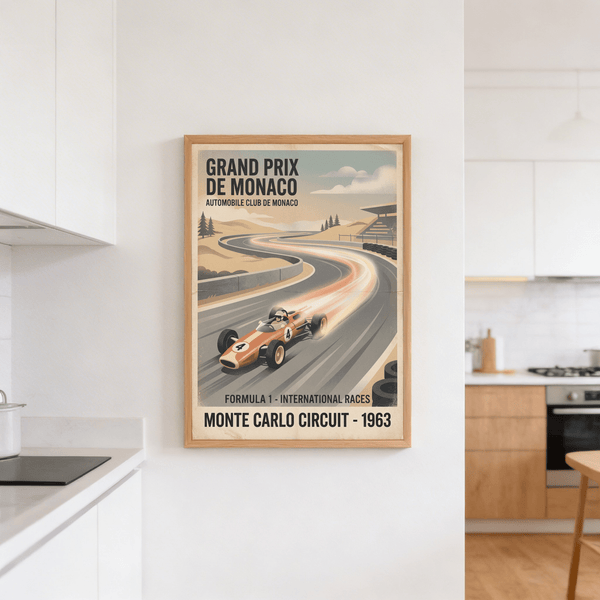 Formula 1 Racing Poster displaying dynamic speed streaks and stacked tire barriers