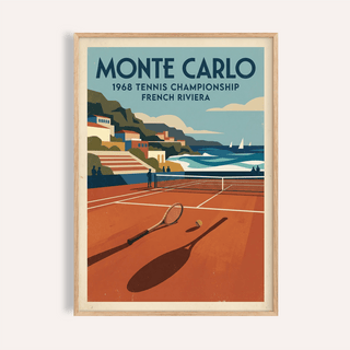 Monte Carlo tennis championship poster print with clay court and seaside hills
