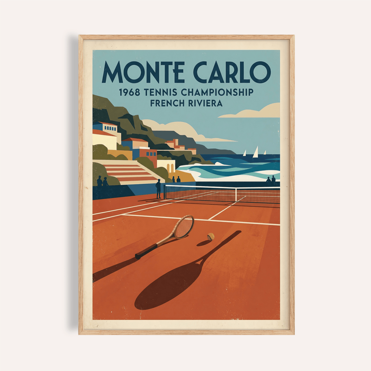 Monte Carlo tennis championship poster print with clay court and seaside hills