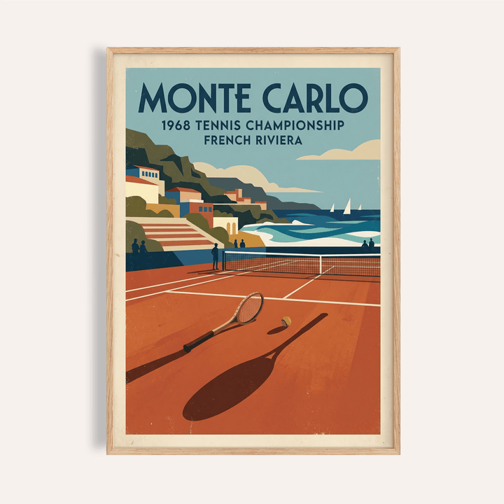 Monte Carlo tennis championship poster print with clay court and seaside hills