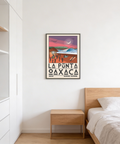 Multicolored travel illustration with bold horizon and wave centerpiece