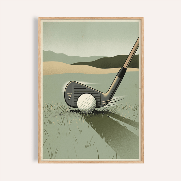 Framed-style mockup of Golf Iron Seven Print poster with 7 iron and golf ball illustration