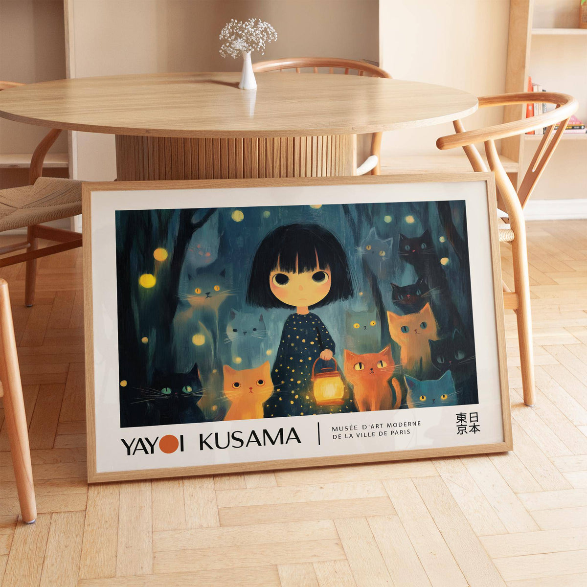 Lantern light illuminating cats in anime girl poster scene