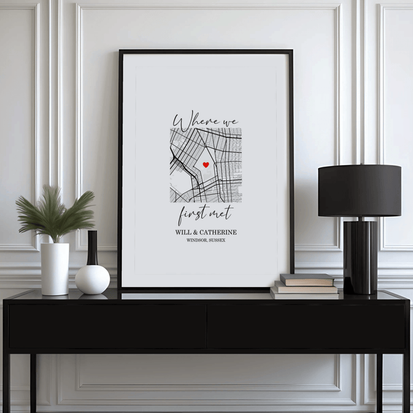 Heart on Map Print modern Black and White lines, Red feature for entryway art print