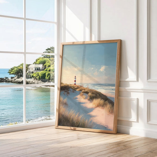 Coastal print featuring lighthouse and grassy beach landscape in warm evening light.