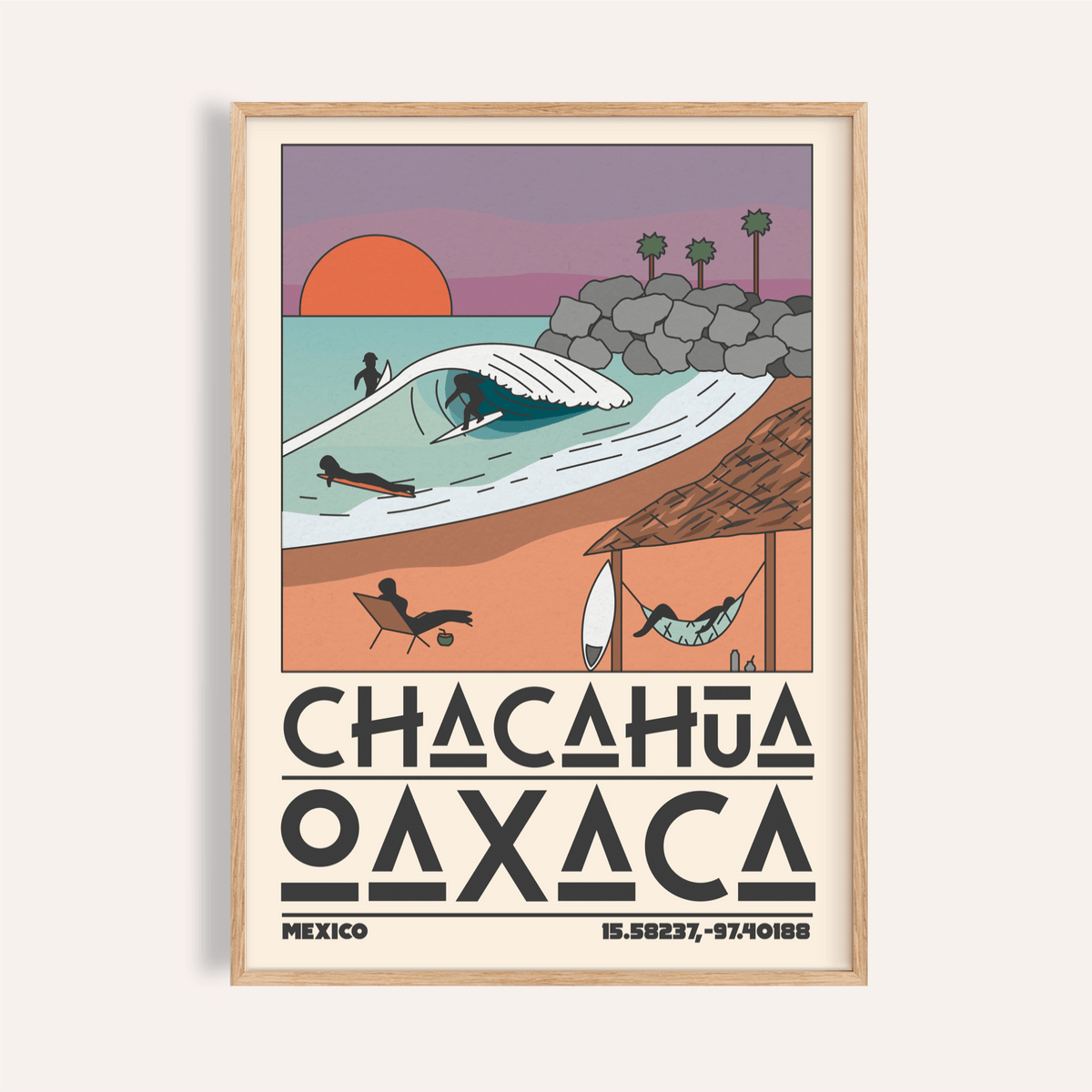 Mexico Beach Art Print depicting turquoise wave and surfers