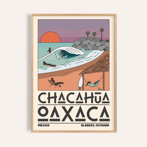 Mexico Beach Art Print depicting turquoise wave and surfers