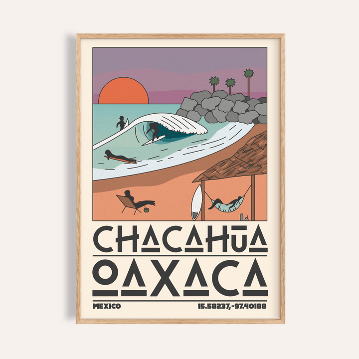 Mexico Beach Art Print depicting turquoise wave and surfers