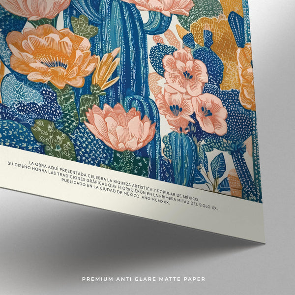 Vibrant cactus flowers in blue and orange hues in Mexican Boho Decor print.