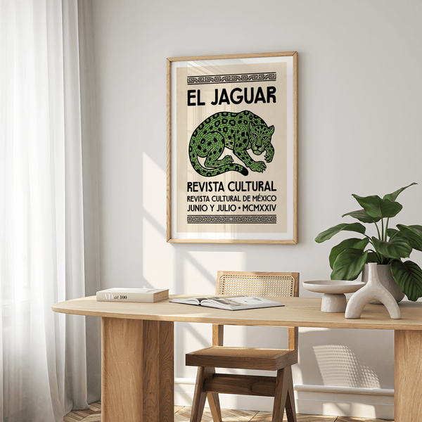 Gallery mockup featuring green, beige, and white jaguar art print