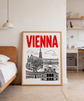 Graphic travel wall art print of Vienna landmarks with large title typography