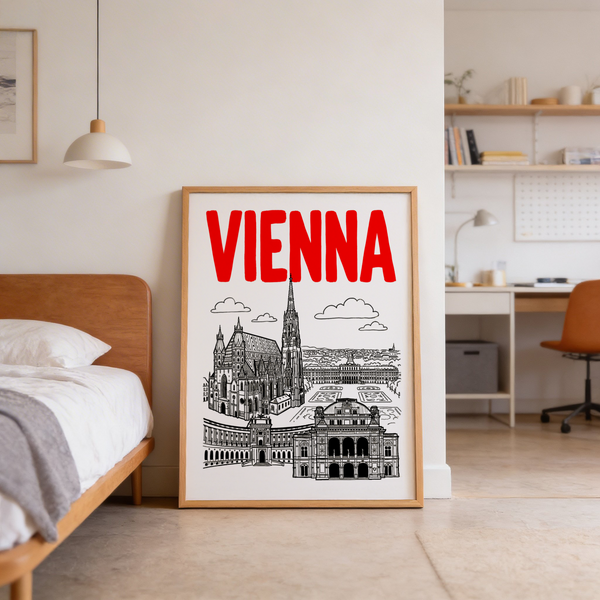 Graphic travel wall art print of Vienna landmarks with large title typography