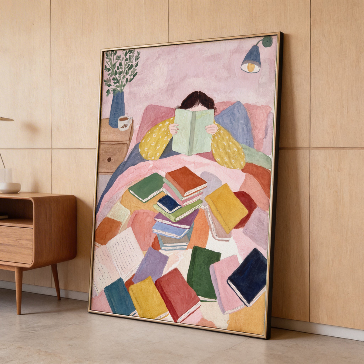 Illustrated Woman Reading in Bed Art Print with pillows and scattered books