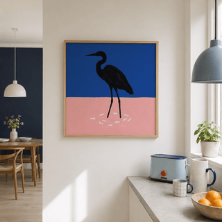 Close up of Heron Art Print showing curved neck and fish details