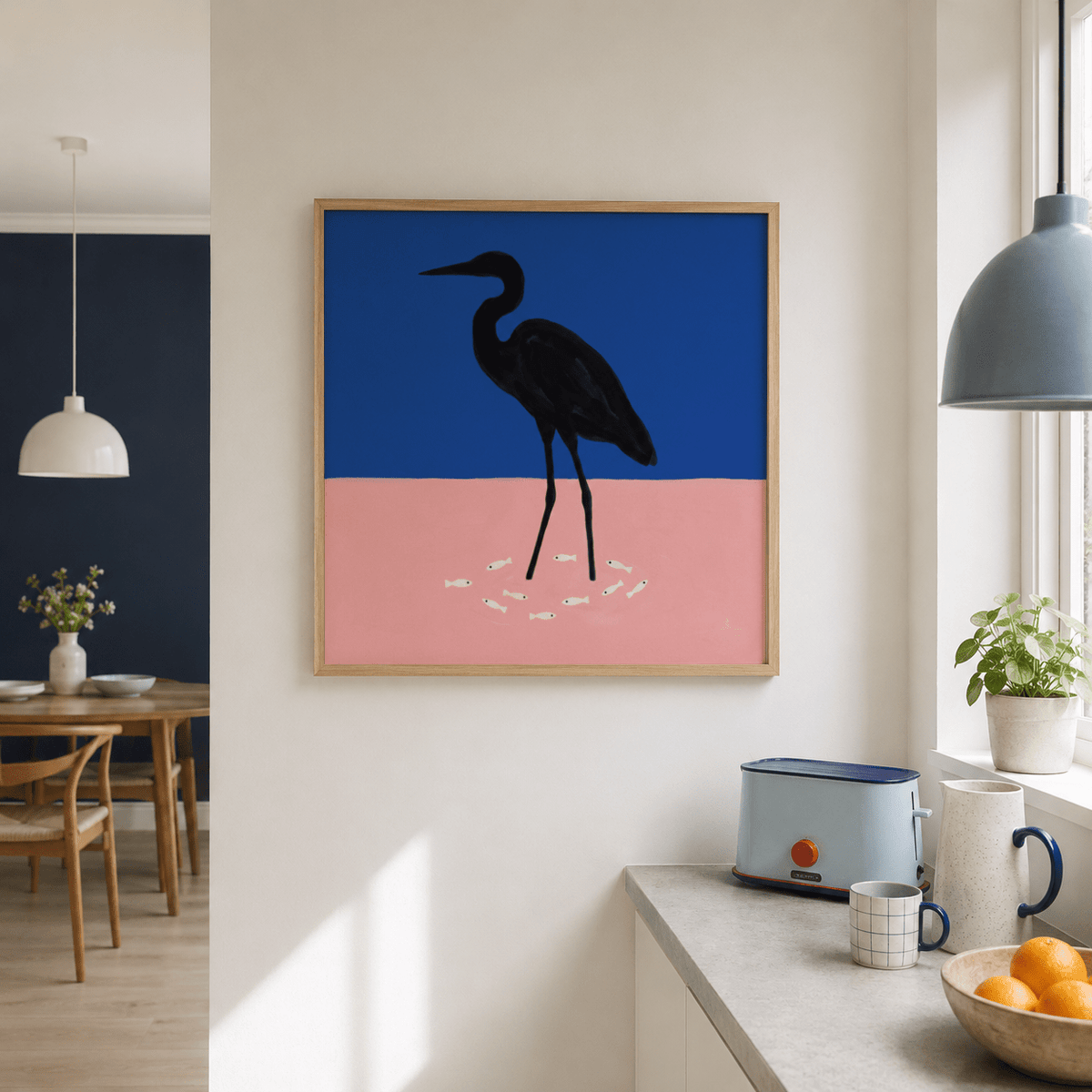 Close up of Heron Art Print showing curved neck and fish details