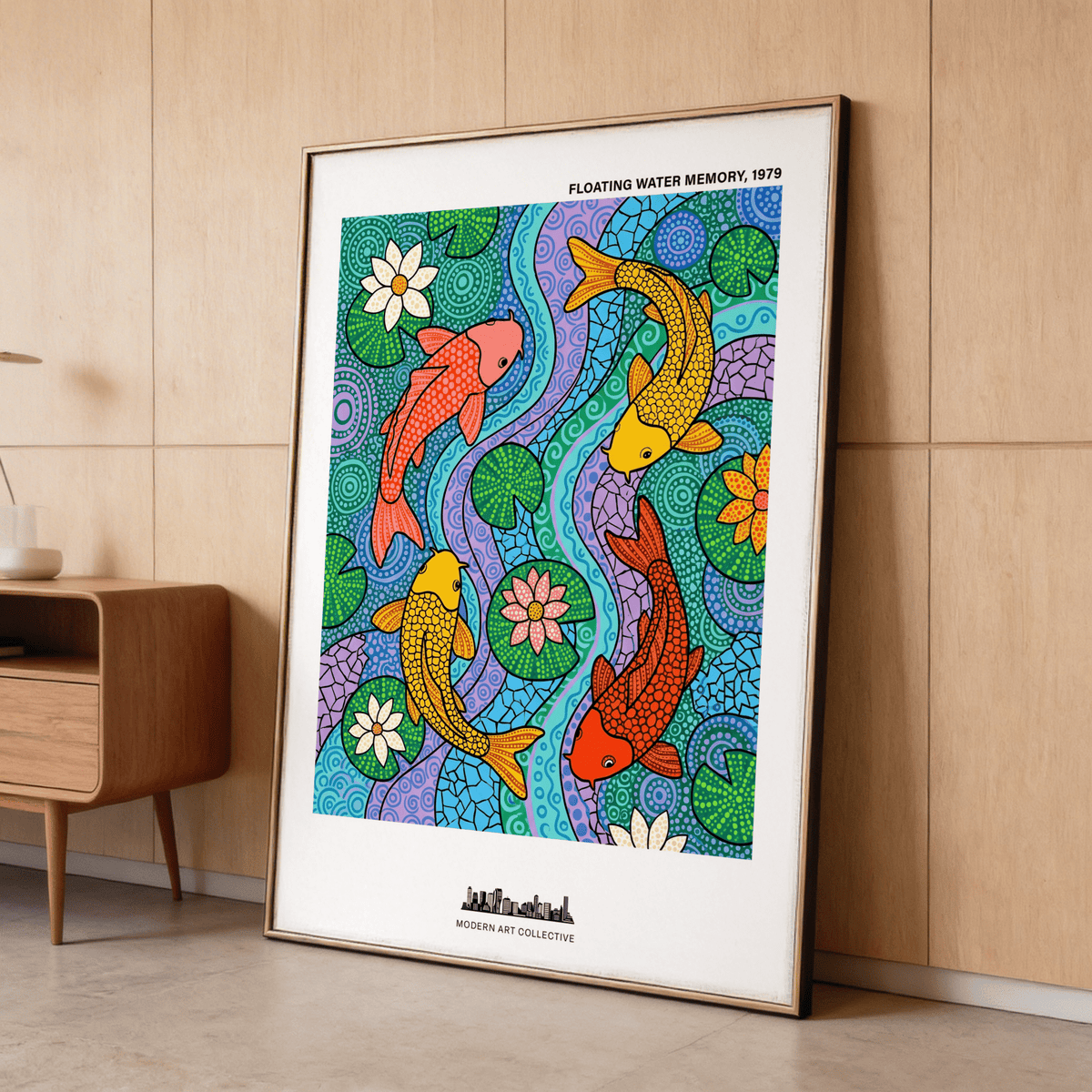 Decorative pond scene wall art print showing three koi fish among lotus blooms