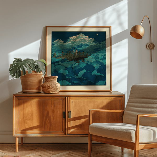 Hasui Kawase Japanese oodblock lotus poster with moon, bridge, and lotus pads