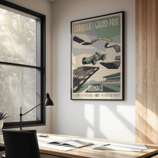 Formula 1 Grand Prix Poster featuring Monaco circuit jump and bold headline typography