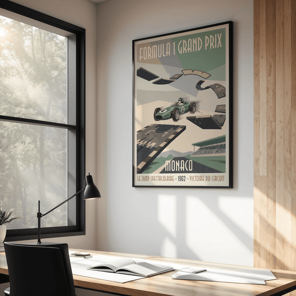 Formula 1 Grand Prix Poster featuring Monaco circuit jump and bold headline typography
