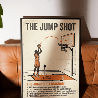 Text section of Jump Shot Diagram Print showing numbered steps Set, Lift, Trajectory, Hoop, and Release