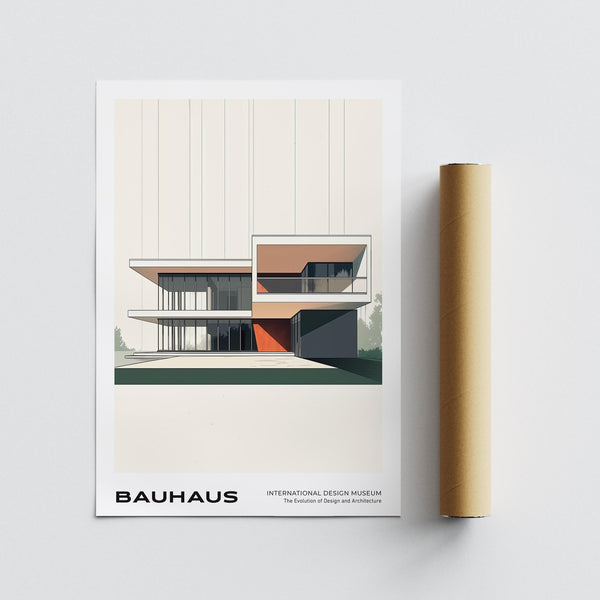 Modernist poster featuring strong linear form and red contrast.