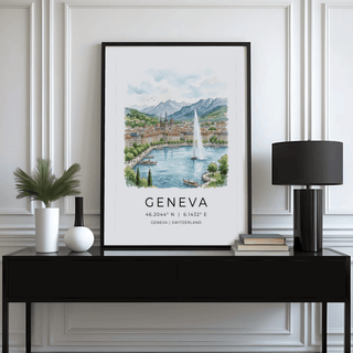 Hand-painted style Geneva Landscape Art Print featuring city rooftops by the lake