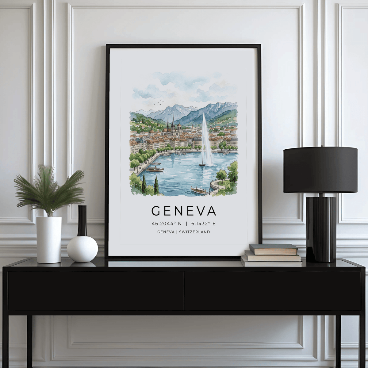 Hand-painted style Geneva Landscape Art Print featuring city rooftops by the lake