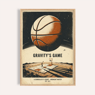 Surreal Basketball Art Print showing giant basketball above desert court under stars