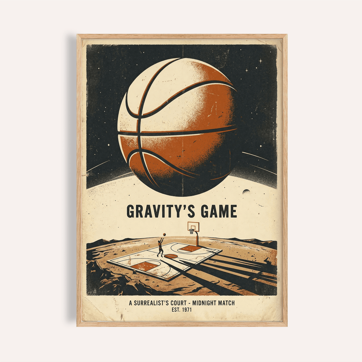 Surreal Basketball Art Print showing giant basketball above desert court under stars